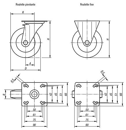 Roulettes pivotantes ou fixes en tôle d’acier, conductrices d’électricité, avec bande de roulement en caoutchouc, modèle lourd