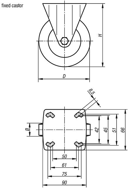Steel plate fixed castors with standard solid rubber tyres, heavy duty version