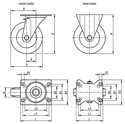 Swivel and fixed castors, steel plate, electrically conductive standard version