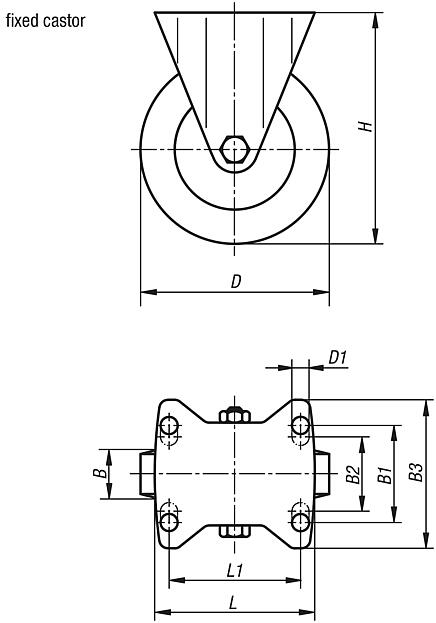 Steel plate fixed castors with solid rubber tyres, standard version 
