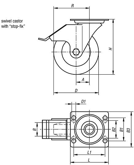 Swivel castors with stop fix