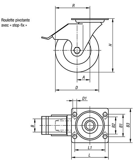 Roulettes pivotantes en tôle d’acier avec système « stop-fix », avec bande de roulement en polyuréthane résistant à l’usure, modèle standard