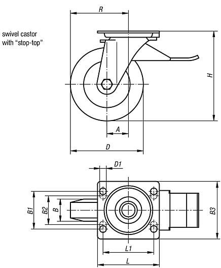 Swivel castors with "stop-top"