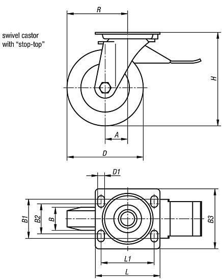 Swivel castors with "stop-top"