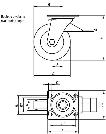 Roulettes pivotantes en tôle d’acier avec système stop-top, avec roue en polyamide, modèle lourd, roulement lisse ou à billes
