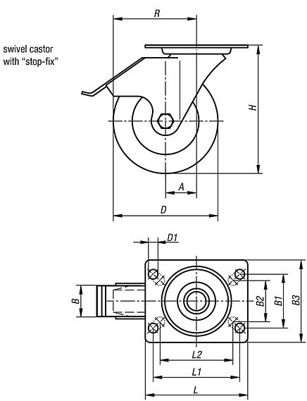 Swivel castors, stainless steel with stop-fix and polyamide wheels, standard version