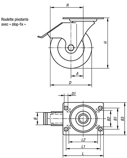 Roulette pivotante en Inox avec stop fix pour locaux sanitaires