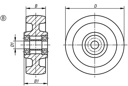 Nylon wheels, heavy version with ball bearings, Form B