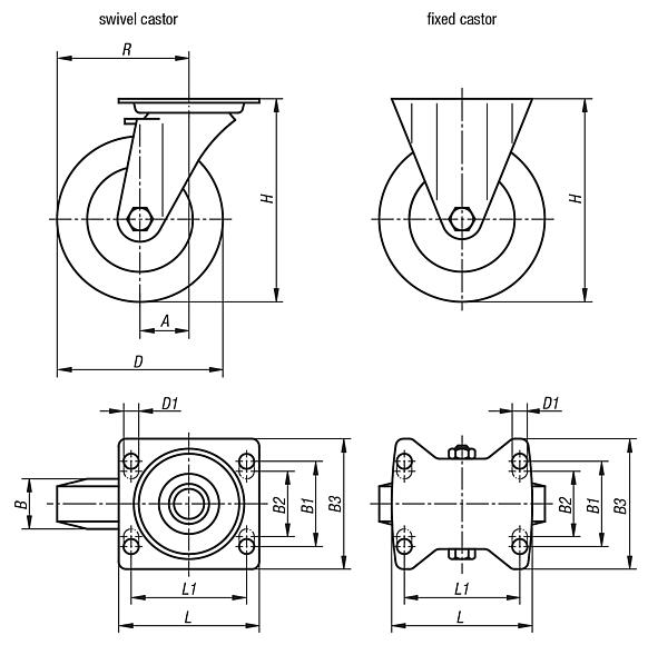 Steel plate swivel and fixed castors with steel wire reinforced elastic solid rubber tyres, heavy duty version