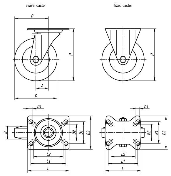 Swivel and fixed castors medium-duty version