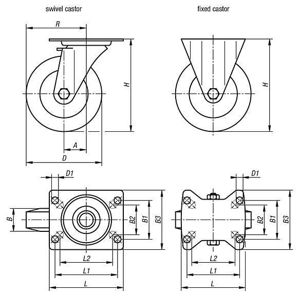 Steel plate swivel and fixed castors with soft rubber tyres