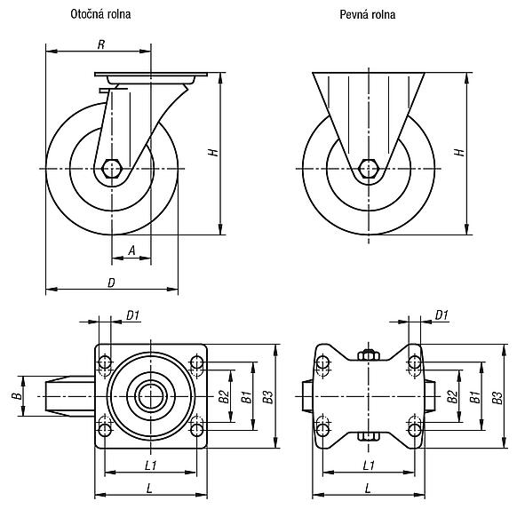 Otočné a pevné pojezdové rolny z ocelového plechu standardní provedení
