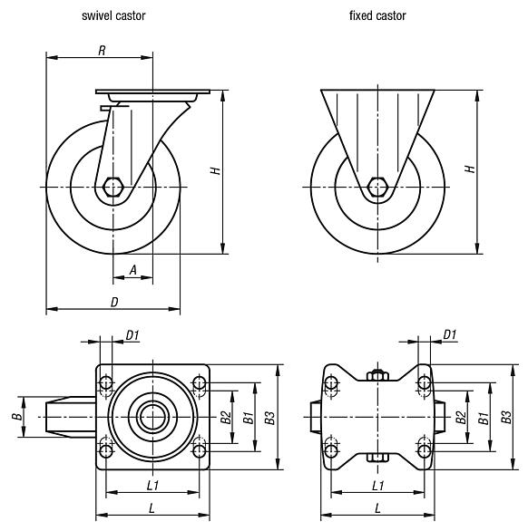 Swivel and fixed castors heavy-duty version