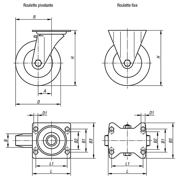 Roulettes pivotantes ou fixes en tôle d’acier avec roue en polyamide, modèle lourd, roulement lisse ou à billes