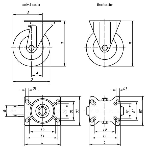 Swivel and fixed castors steel plate, for sterile areas