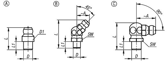 Grease nipples conical head DIN 71412 
to press in