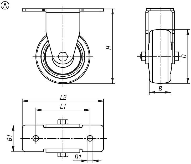 Rodillos guía y ruedas fijas de acero para aparatos, superficie de rodadura de goma maciza elástica para perfiles de aluminio, forma A