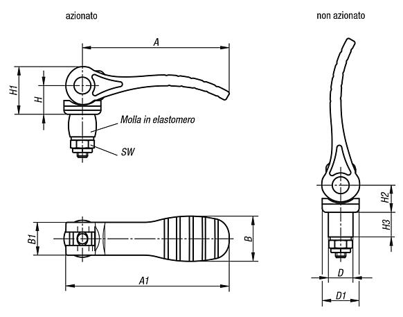 Leve eccentriche in plastica con chiusura in elastomero, con rondella di pressione in plastica e vite prigioniera in acciaio