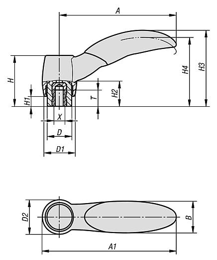 Clamping levers ECO, plastic with internal thread, threaded insert brass or blue passivated steel