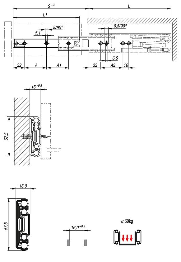 Telescopic slides over-extension, loading up to 60 kg