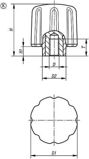 Clamping grips, ergonomic, with internal thread