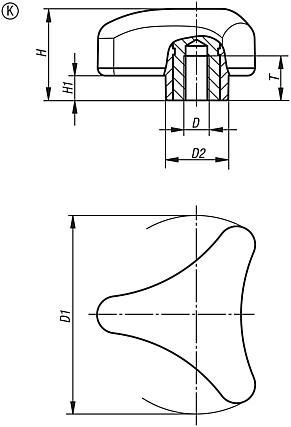 Triangular grip, ergonomic with internal thread