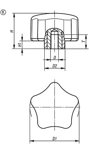 Pomello a cinque lobi ergonomica con filettatura interna