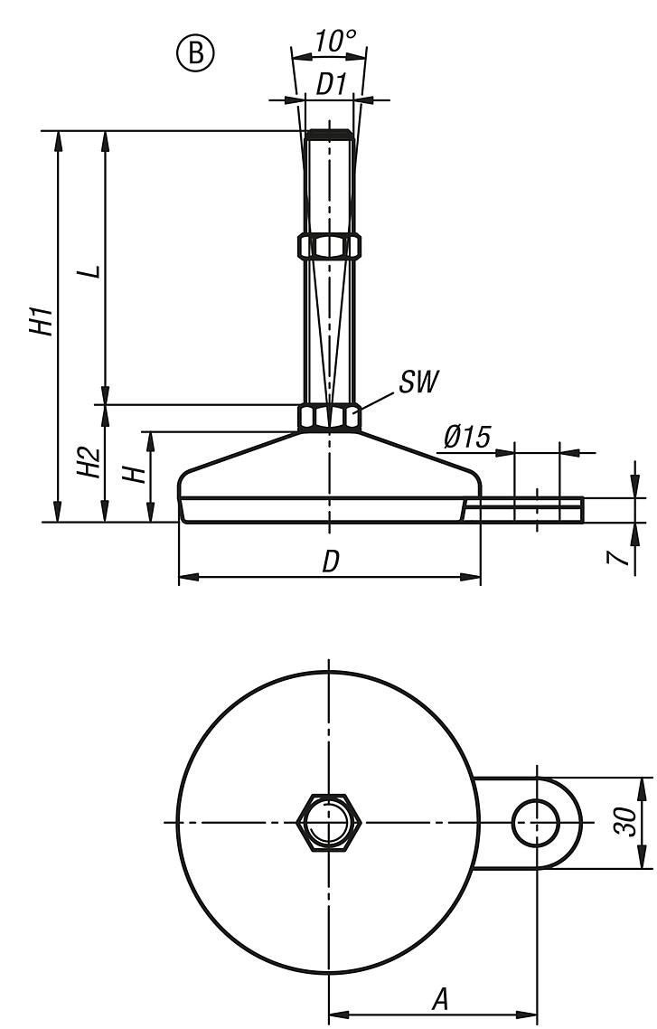 Pieds réglables en acier ou en inox, forme B