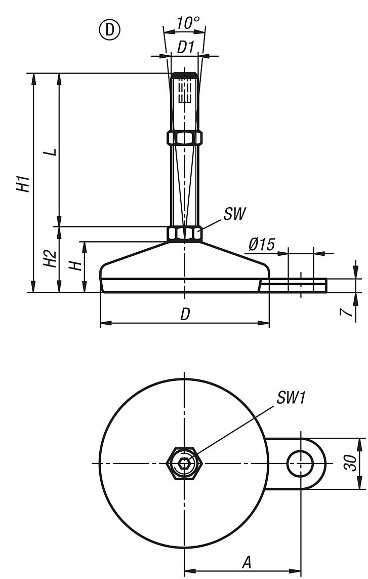 Pieds réglables en acier ou en inox, forme D