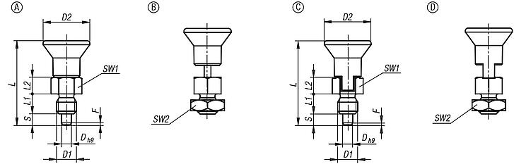 Indexing plungers ECO, steel or stainless steel, short version with plastic mushroom grip