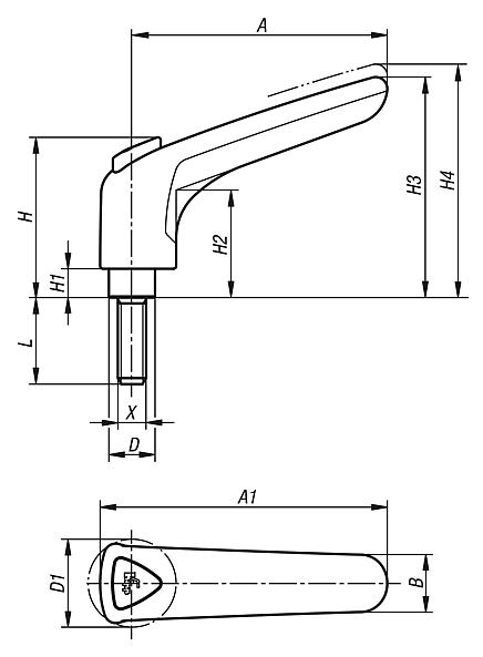 Upínací páka z plastu, ergonomická, s vnějším závitem, se závitovou vložkou z oceli, modře pasivovaná