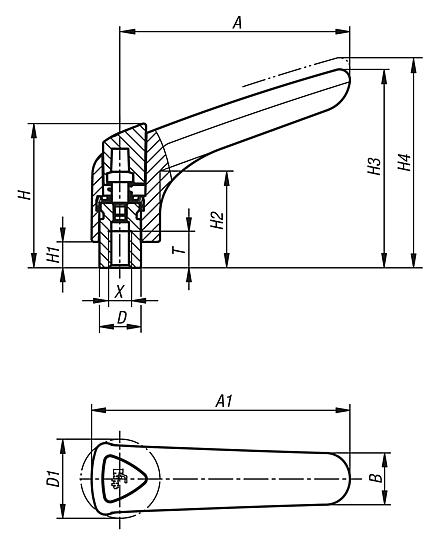 Upínací páka z plastu, ergonomická, s vnitřním závitem, se závitovou vložkou z oceli, modře pasivovaná