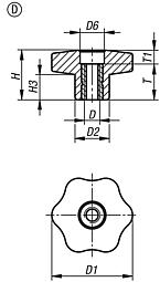 Bouton étoile, forme D, avec insert taraudé, sans pastille