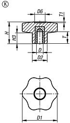 Bouton étoile, forme K, avec insert taraudé