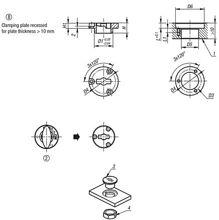 Clamping plates recessed for quarter-turn clamp locks