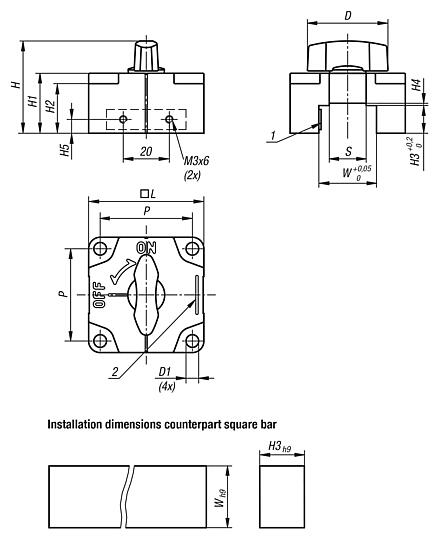 Sliding clamp for square bars, knob orange