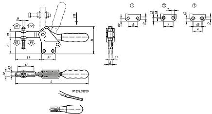 Toggle clamps horizontal with straight foot and adjustable clamping spindle