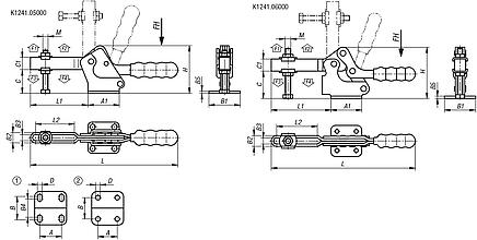 Toggle clamps horizontal with flat foot and adjustable clamping spindle