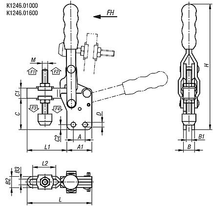 Toggle clamps vertical with straight foot and adjustable clamping spindle