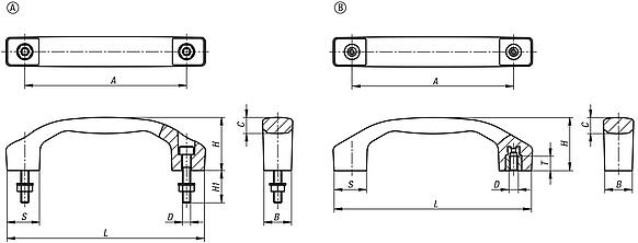 Pull handles, plastic, mounted from the front or rear