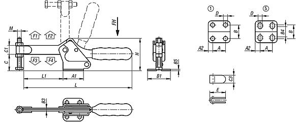 Toggle clamps horizontal with flat foot and full holding arm