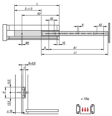 Telescopic slides, steelfor slot mounting, partial extension, load capacity up to 12 kg