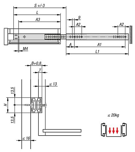 Telescopic slides, steelfor slot mounting, over-extension, load capacity up to 20 kg