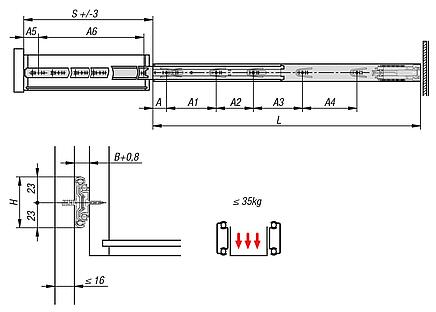 Telescopic slides, steelfor side mounting, full extension, load capacity up to 35 kg