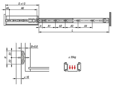 Telescopic slides, steelfor side mounting, full extension, load capacity up to 35 kg