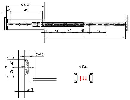 Telescopic slides, steelfor side mounting, full extension, load capacity up to 40 kg