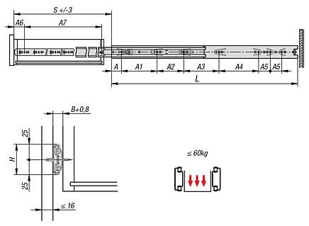 Telescopic slides, steelfor side mounting, over-extension, load capacity up to 60 kg