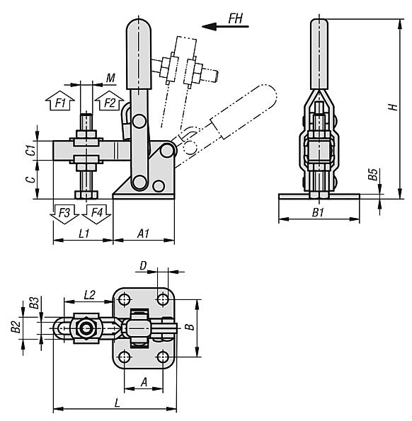 Toggle clamps vertical with flat foot and adjustable clamping spindle