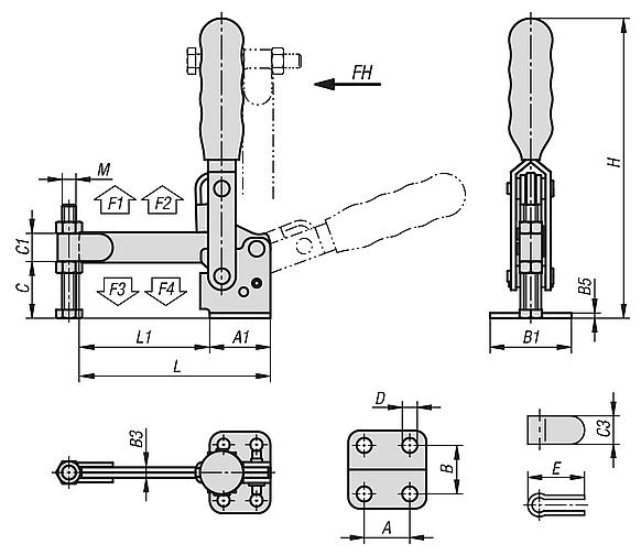 Toggle clamps vertical with flat foot and full holding arm