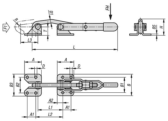 Toggle hook clamps, steel or stainless steel, horizontal with long travel and catch plate